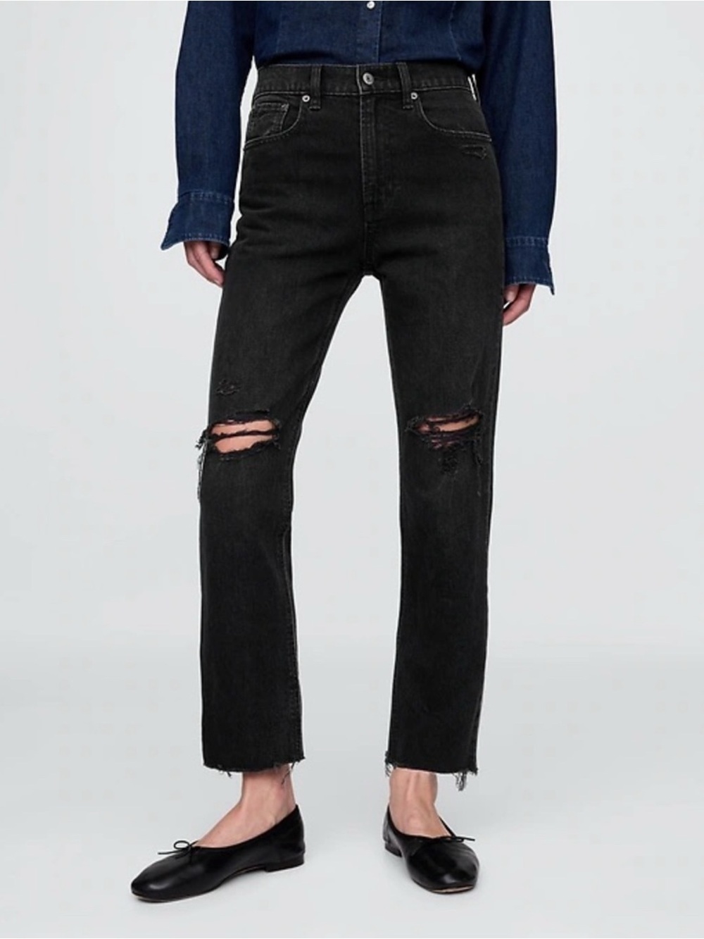 GAP Black Distressed Straight-Leg Jeans